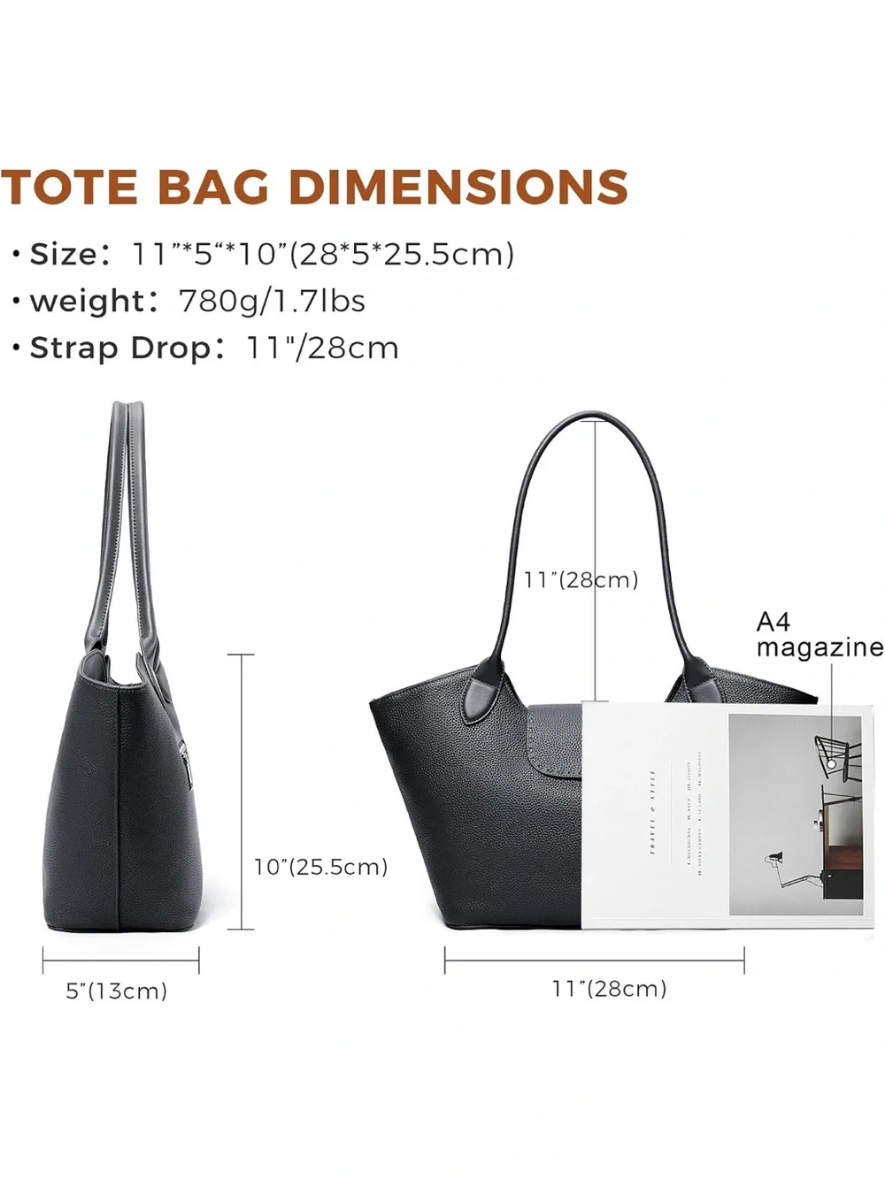 MOORILOOM Black Pebbled Genuine Leather Tote Bag Minimalist Roomy